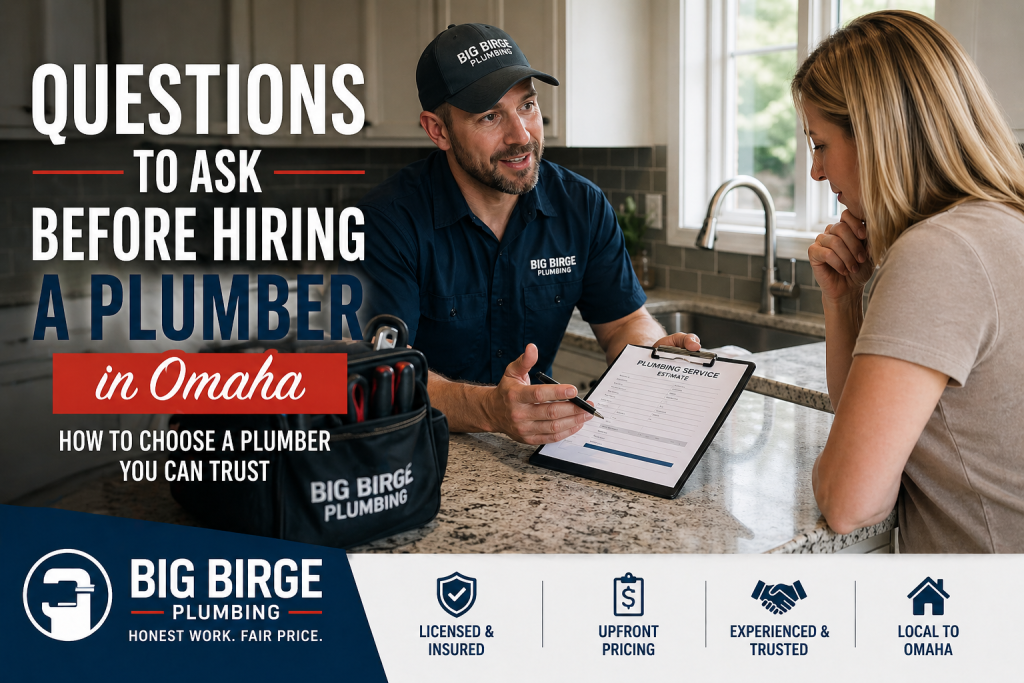 questions to ask before hiring a plumber in Omaha homeowner reviewing estimate with licensed plumber